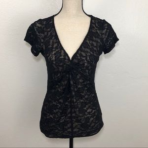 CAbi Black Lace Knotted V Neck Blouse
